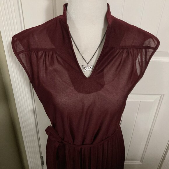SEARS Vintage maroon short-sleeve sheer pleated dress w/ tie waist MEDIUM LARGE - Picture 4 of 12